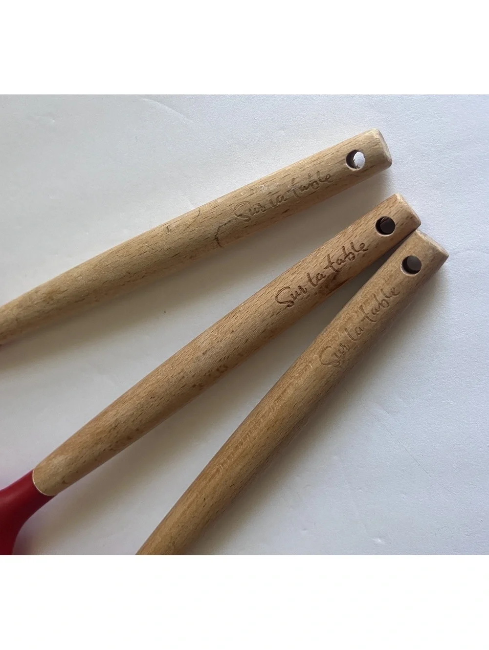 Sur La Table Utensil Set 3 piece Red Silicone Heads Natural Wooden Handles